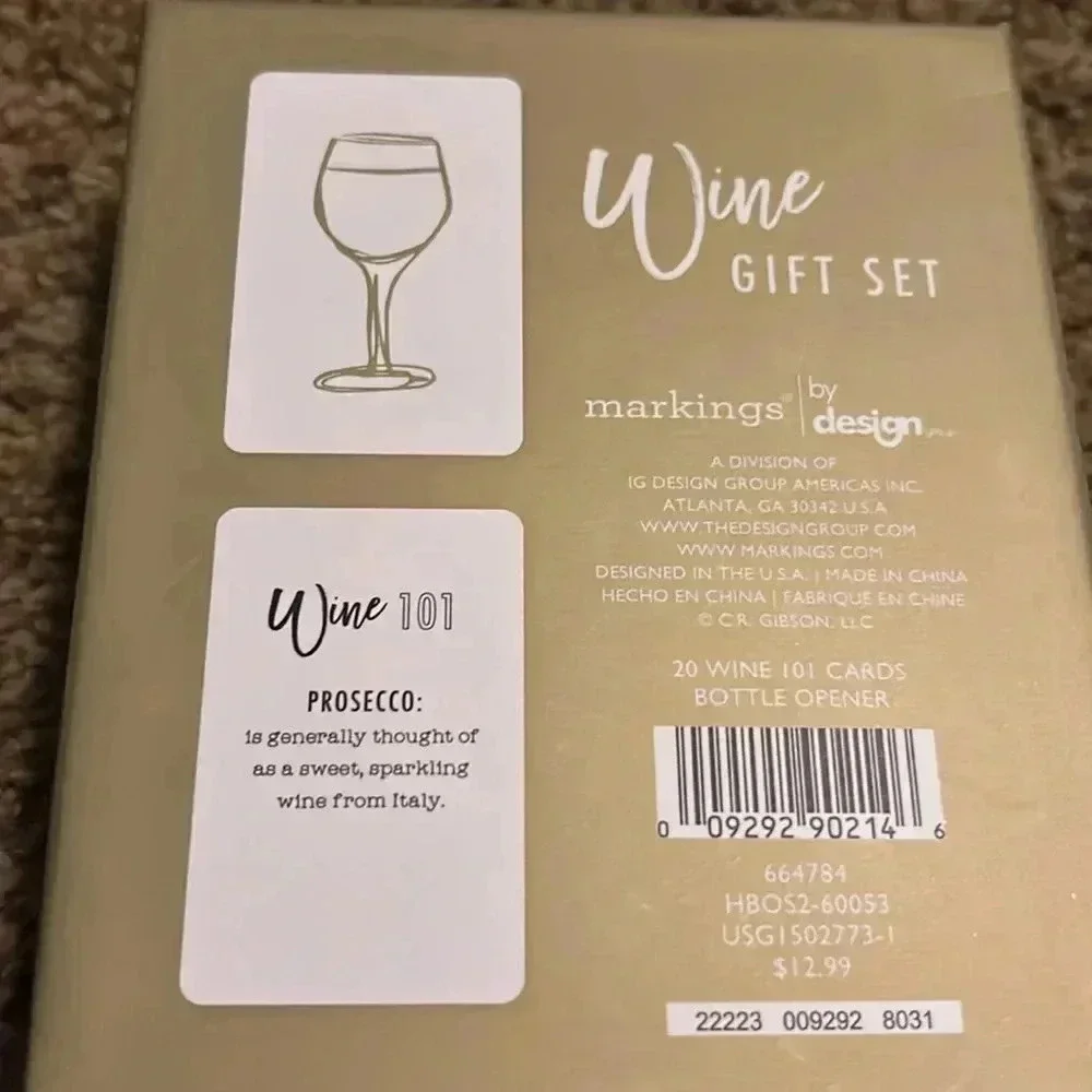 Markings by Design Wine Gift Set Gold Bottle Opener and 20 Wine 101‎ Cards NEW